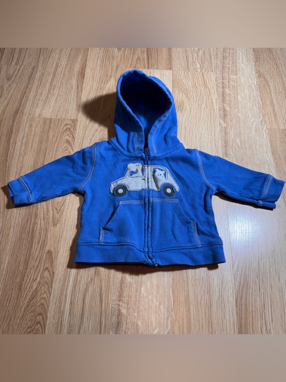 Children's Royal Blue Hooded Puffer Jacket with Car Appliqué